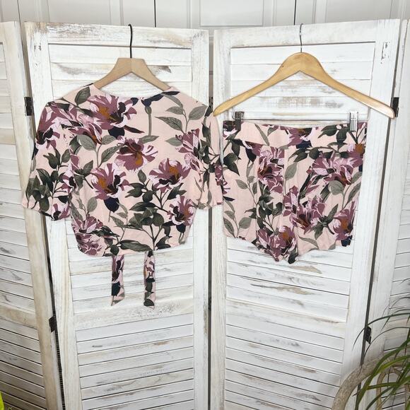 BOHME Women's Medium Top Short Floral Pajama Set Pink Rayon Loungewear Romantic - Picture 5 of 12